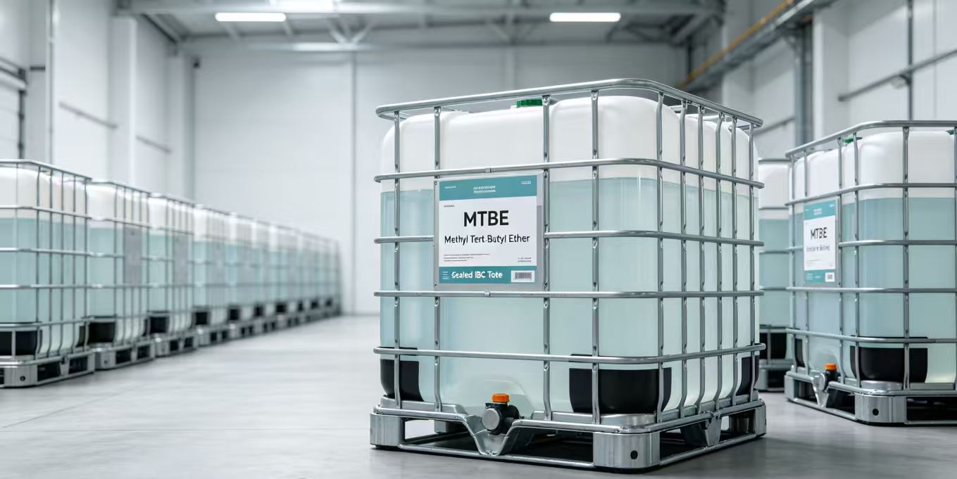 Sealed MTBE IBC tote in warehouse
