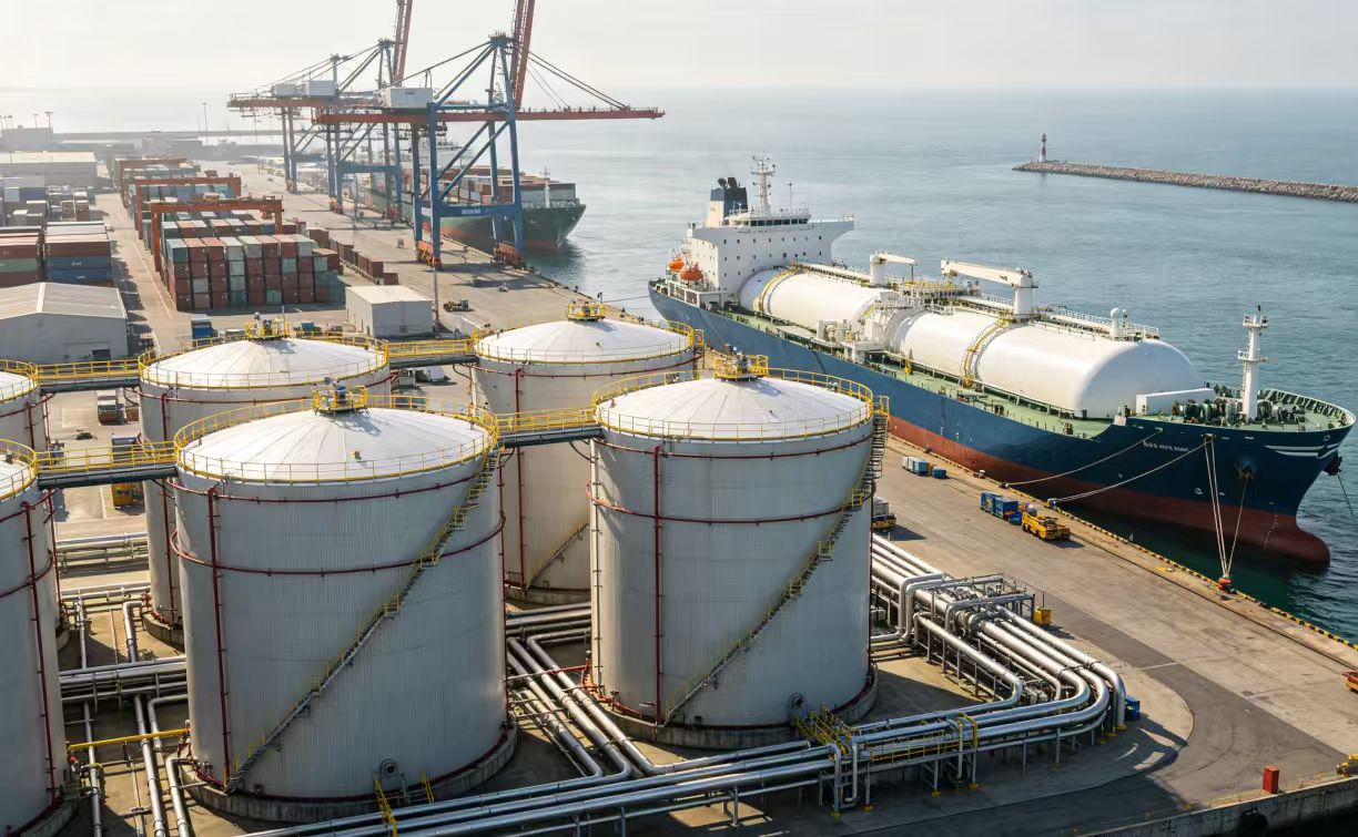 Chemical tanker loading at port terminal